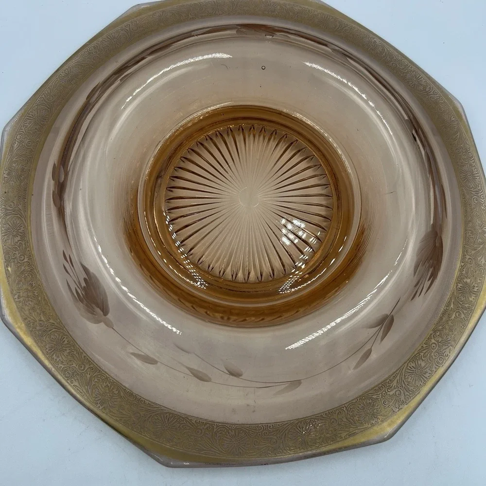 VTG Pink Depression Glass Chip & Dip Set‎ / Console Bowl Etched Scroll Rim